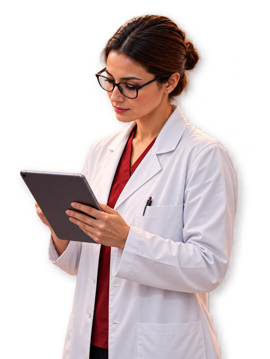 Farmacêutica hospitalar de óculos e jaleco consultando um tablet